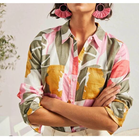 Boden Floral 100% Linen Tropical Button Down Oversized Comfy Size 8 Petite - Picture 1 of 8